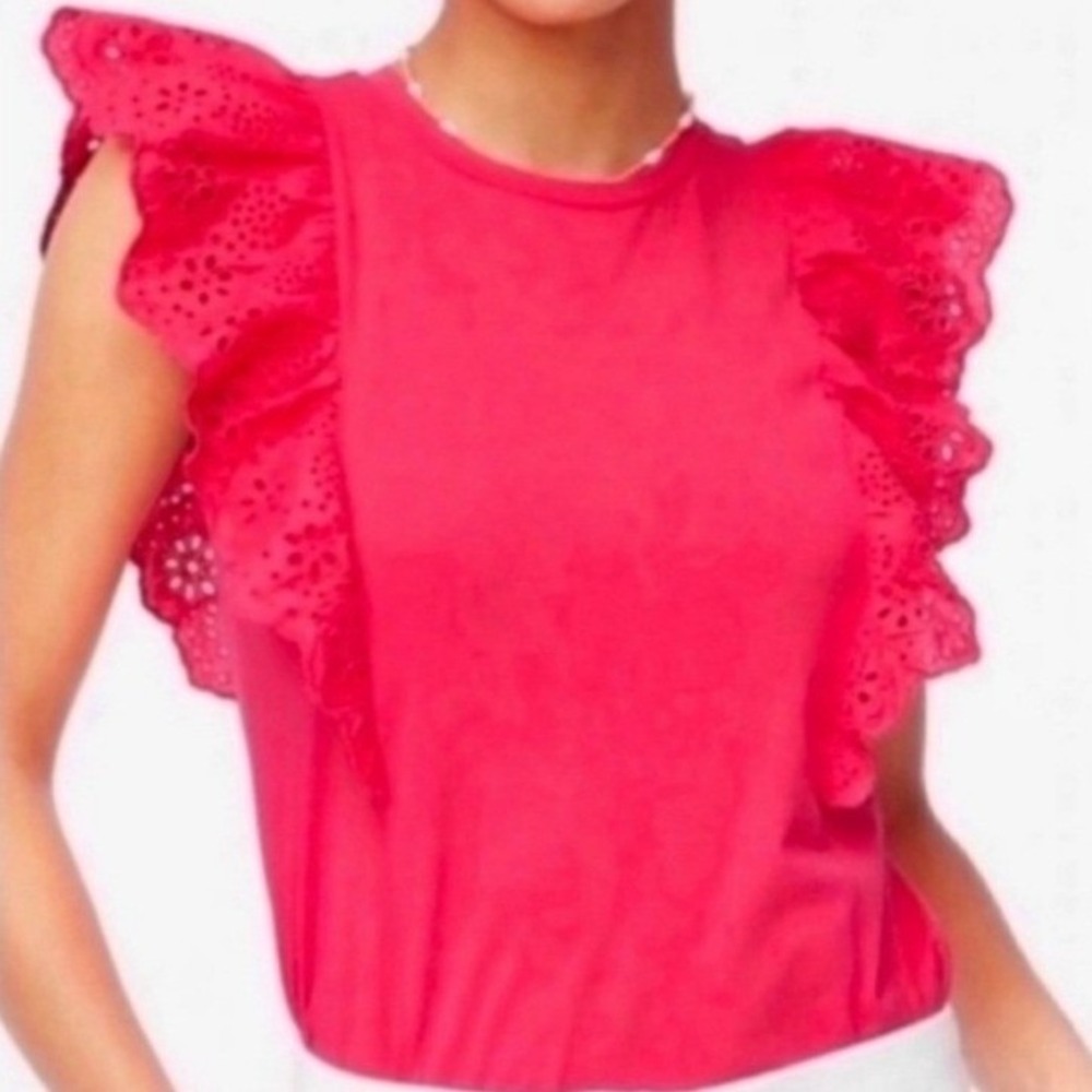 J.Crew Poppy Red Eyelet Ruffle Flutter Sleeve Knit Top Shirt Small S NWOT